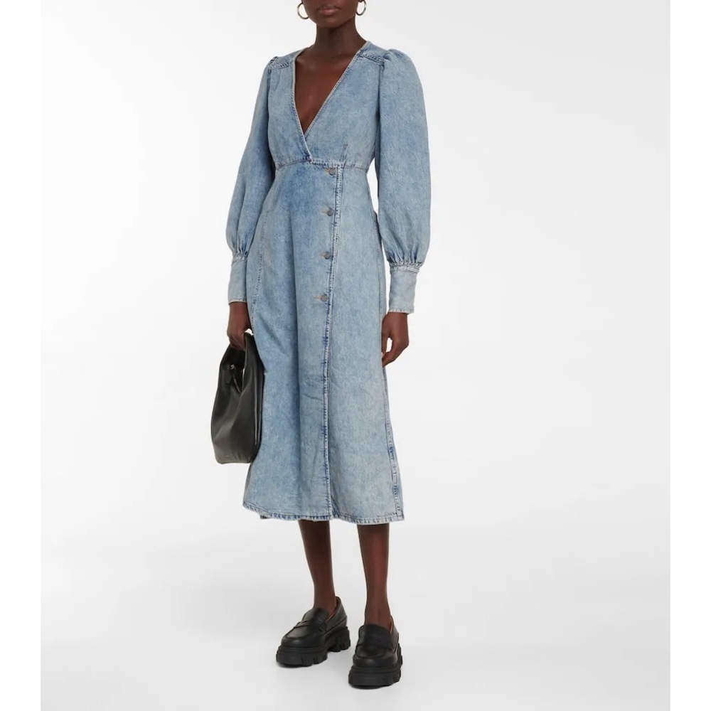 GANNI denim puff sleeve midi dress blue